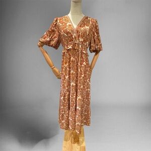NWT Max Studio Orange Paisley Crepe Puff Sleeve Boho Dress | SZ Medium and Large
